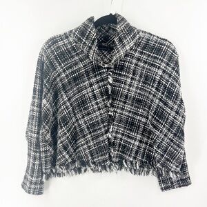 ✅ Zara Tweed Plaid Fringe Sweater Jacket Crop Shrug Black White XS Turtleneck